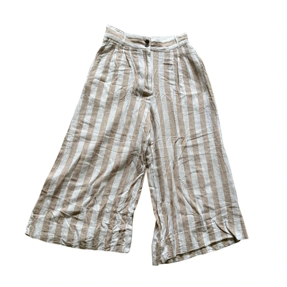 H&M Striped Wide Leg Culotte Pants Womens 4 Beige White Linen Blend High Rise